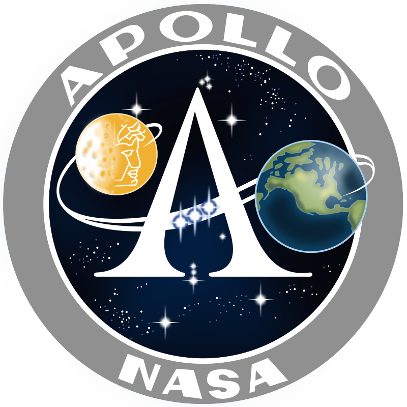 NASA-Apollo logo with stylized A, bar reaching to moon on the left, earth on the right