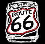 Route 66 sign with banner above saying 'I get my kicks on'